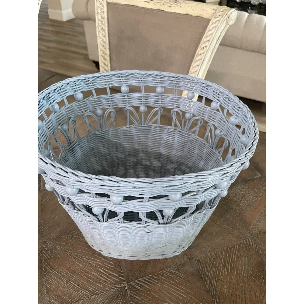 Vintage  Blue Bead Wicker Rattan Woven Waste Basket Trash Can Bin